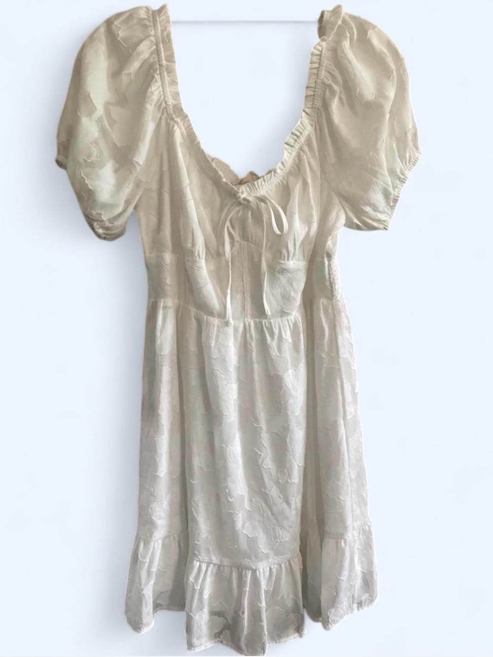 Cream Puff-Sleeve Mini Dress with Ruffle Hem